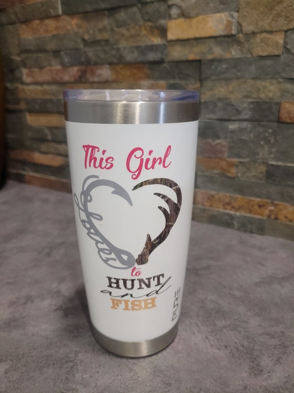 NEW PURE 20oz Stainless Tumbler – “This Girl Loves to Hunt & Fish”